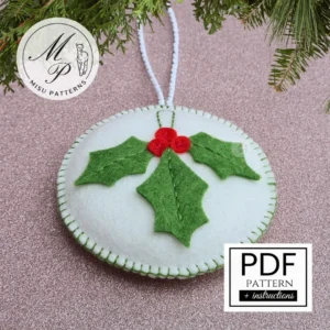Felt Ball Christmas Ornament PDF Pattern – Front View with Holly Leaves and Berries