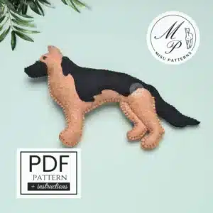 German Shepherd felt dog ornament front view – black and brown handmade sewing pattern PDF